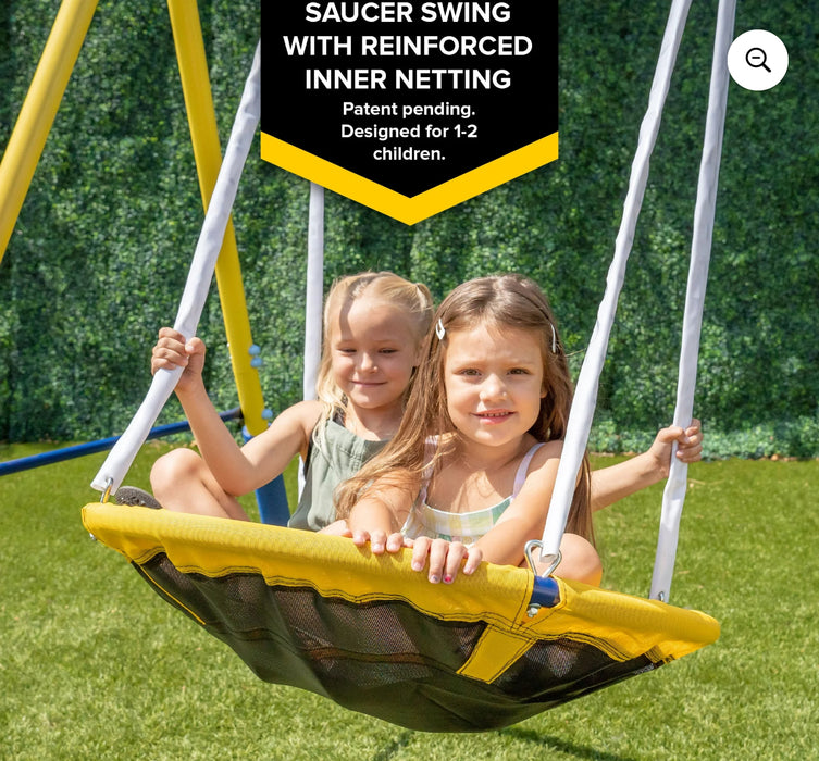 Sportspower Super Saucer Metal Swing Set with 2 Swings, Saucer Swing and a 1pc Heavy Duty Slide