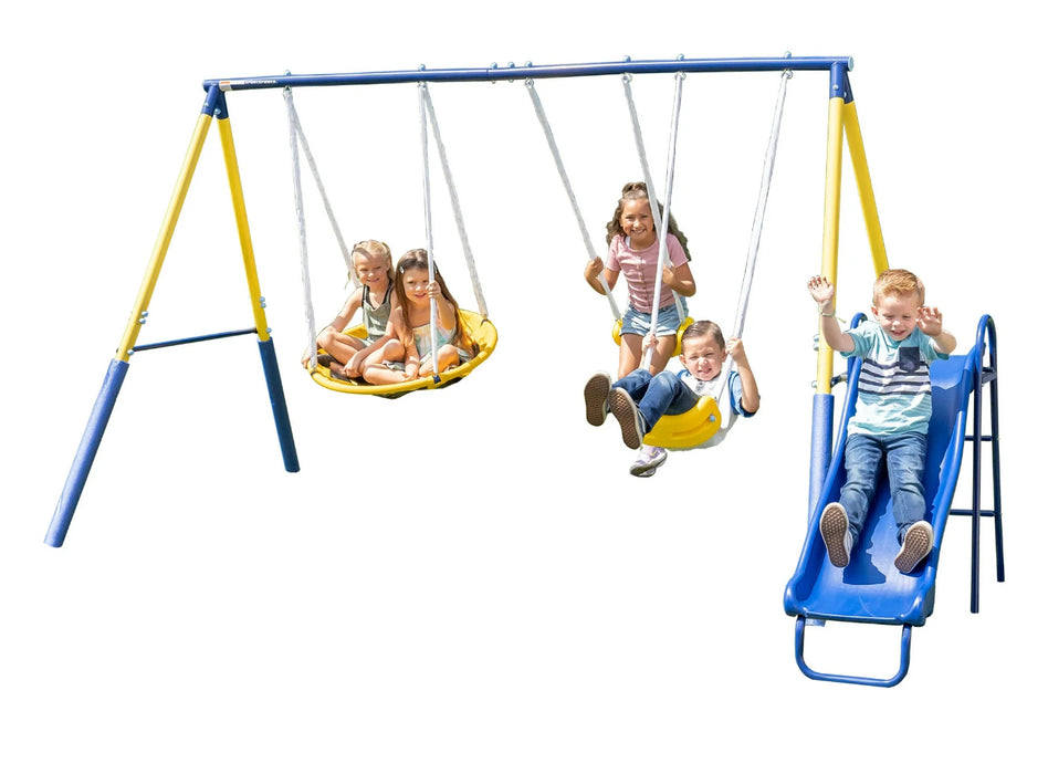 Sportspower Super Saucer Metal Swing Set with 2 Swings, Saucer Swing and a 1pc Heavy Duty Slide