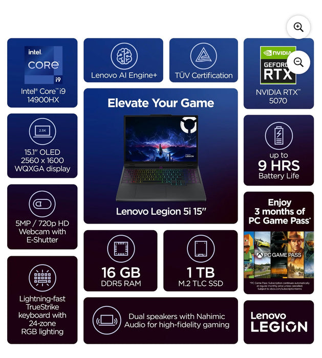 Lenovo Legion 5i 15.1" OLED WQXGA Laptop, Core i9 14900HX, 16GB, 1TB, NVIDIA® GeForce RTX™ 5070 8GB, 83LY0007US
