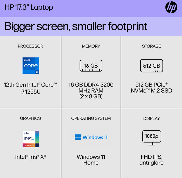 HP 17.3" Windows Laptop - Full HD IPS Screen - Intel Core i7 - 16GB RAM
- 512GB SSD - 2-Year HP Care Pack