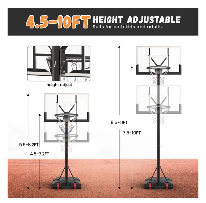 VIRNAZ 44 in. Portable Basketball Hoop & Goal System for Outdoor Indoor Court, 4.8 - 10 Ft. Height Adjustable with Weight Bag